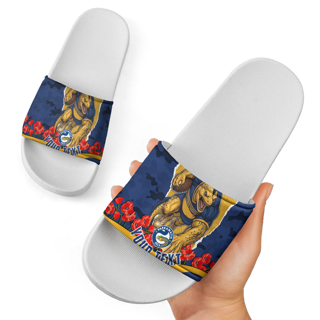 Personalized Parramatta Eels ANZAC Tribute Slide Sandals Poppy Field Soldier Silhouette Aboriginal Rugby Mascot