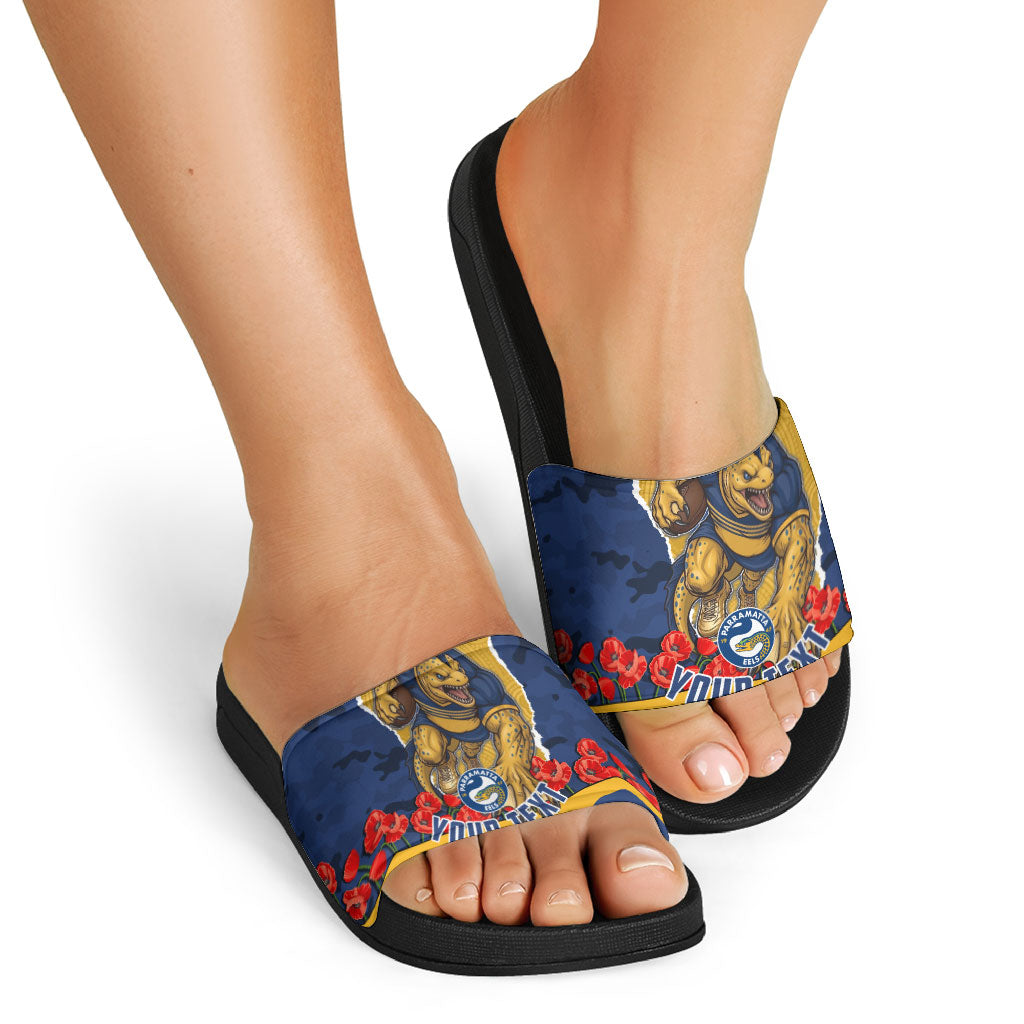 Personalized Parramatta Eels ANZAC Tribute Slide Sandals Poppy Field Soldier Silhouette Aboriginal Rugby Mascot