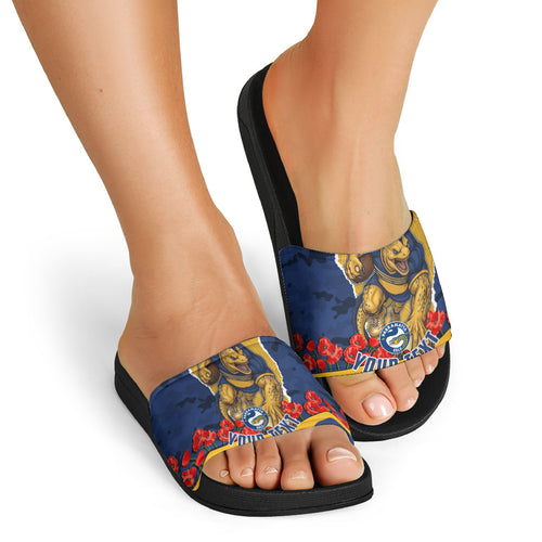 Personalized Parramatta Eels ANZAC Tribute Slide Sandals Poppy Field Soldier Silhouette Aboriginal Rugby Mascot