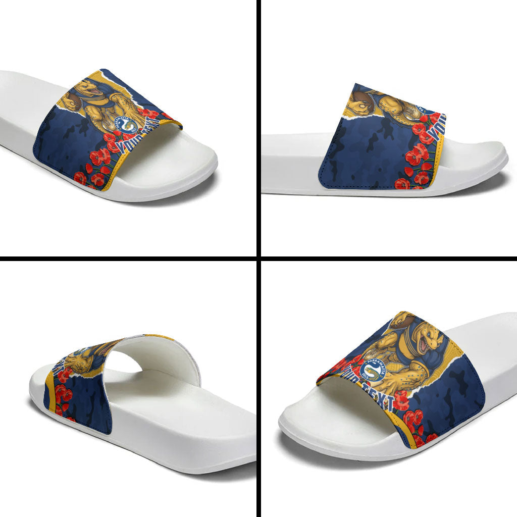 Personalized Parramatta Eels ANZAC Tribute Slide Sandals Poppy Field Soldier Silhouette Aboriginal Rugby Mascot