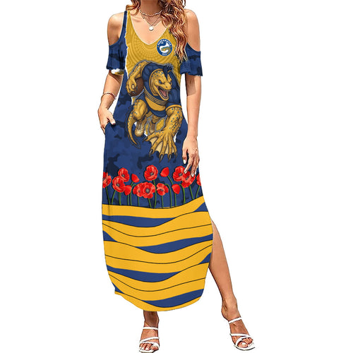 Personalized Parramatta Eels ANZAC Tribute Summer Maxi Dress Poppy Field Soldier Silhouette Aboriginal Rugby Mascot