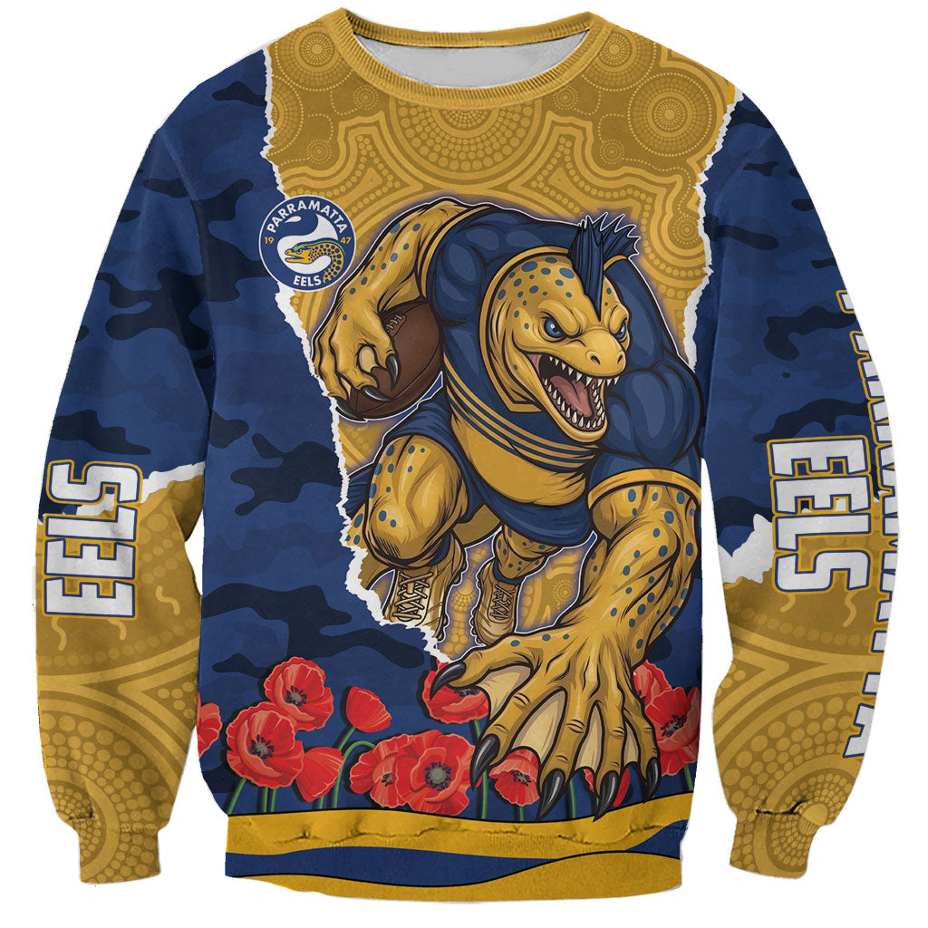 Personalized Parramatta Eels ANZAC Tribute Sweatshirt Poppy Field Soldier Silhouette Aboriginal Rugby Mascot