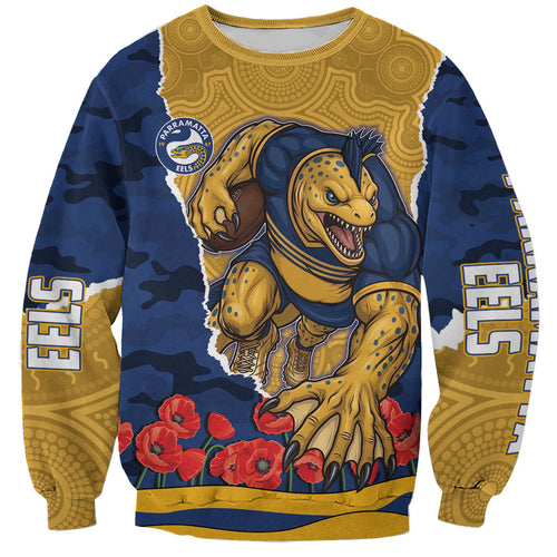 Personalized Parramatta Eels ANZAC Tribute Sweatshirt Poppy Field Soldier Silhouette Aboriginal Rugby Mascot