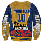 Personalized Parramatta Eels ANZAC Tribute Sweatshirt Poppy Field Soldier Silhouette Aboriginal Rugby Mascot