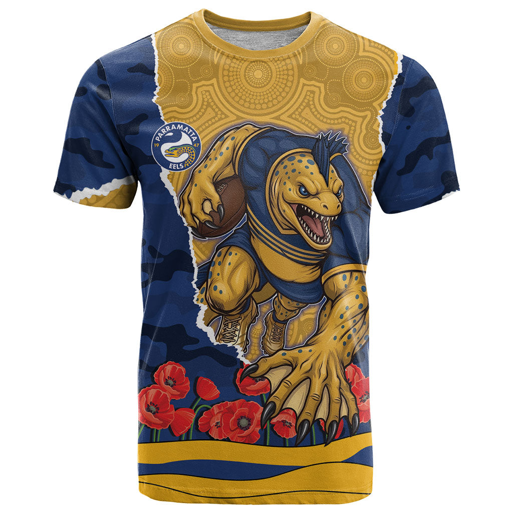 Personalized Parramatta Eels ANZAC Tribute T Shirt Poppy Field Soldier Silhouette Aboriginal Rugby Mascot