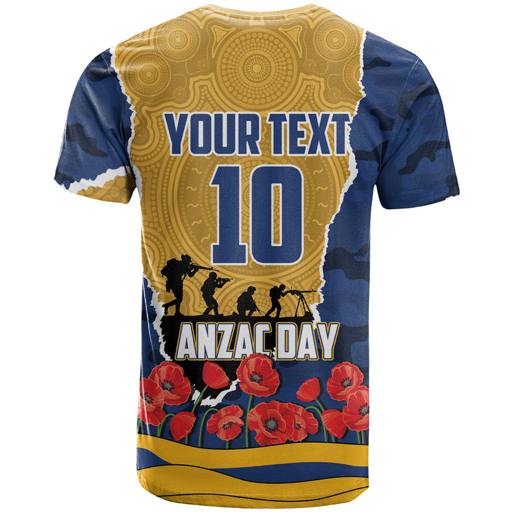Personalized Parramatta Eels ANZAC Tribute T Shirt Poppy Field Soldier Silhouette Aboriginal Rugby Mascot