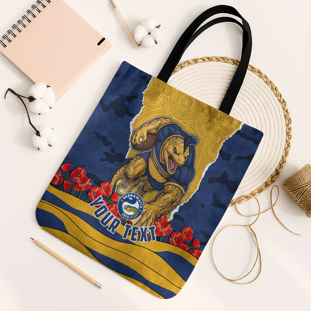 Personalized Parramatta Eels ANZAC Tribute Tote Bag Poppy Field Soldier Silhouette Aboriginal Rugby Mascot