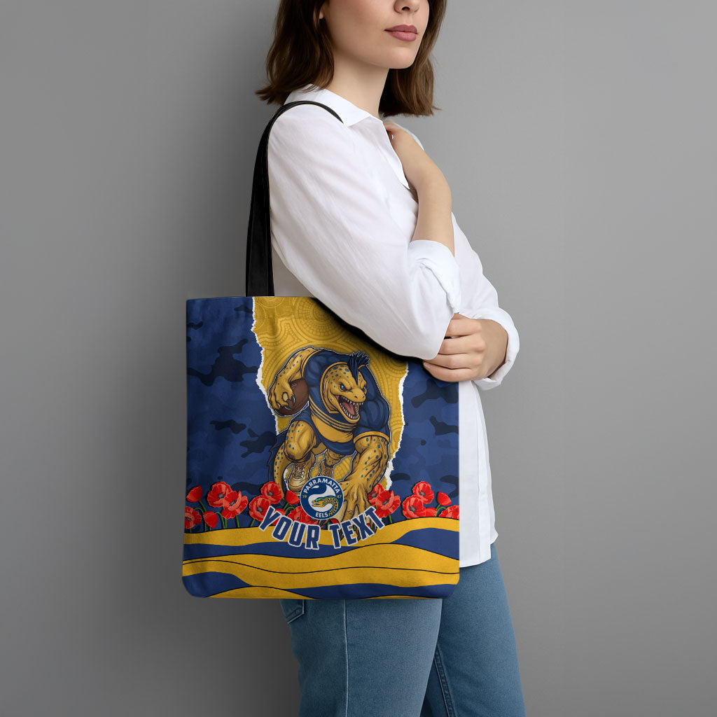 Personalized Parramatta Eels ANZAC Tribute Tote Bag Poppy Field Soldier Silhouette Aboriginal Rugby Mascot