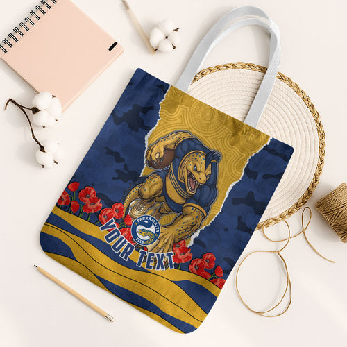 Personalized Parramatta Eels ANZAC Tribute Tote Bag Poppy Field Soldier Silhouette Aboriginal Rugby Mascot