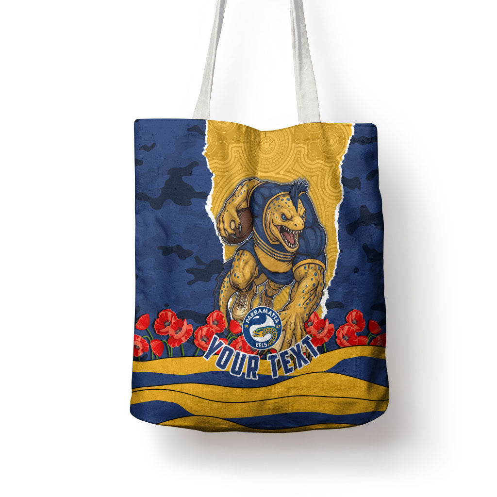 Personalized Parramatta Eels ANZAC Tribute Tote Bag Poppy Field Soldier Silhouette Aboriginal Rugby Mascot
