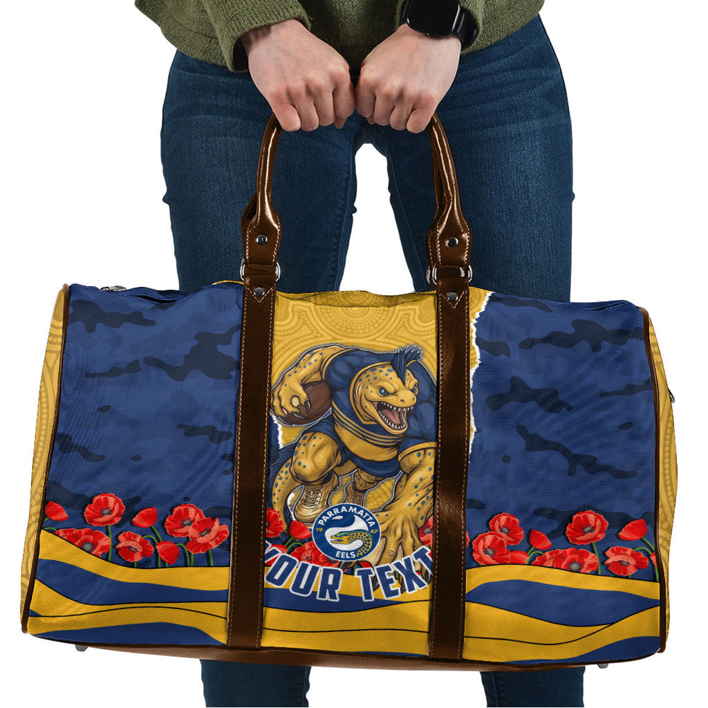 Personalized Parramatta Eels ANZAC Tribute Travel Bag Poppy Field Soldier Silhouette Aboriginal Rugby Mascot
