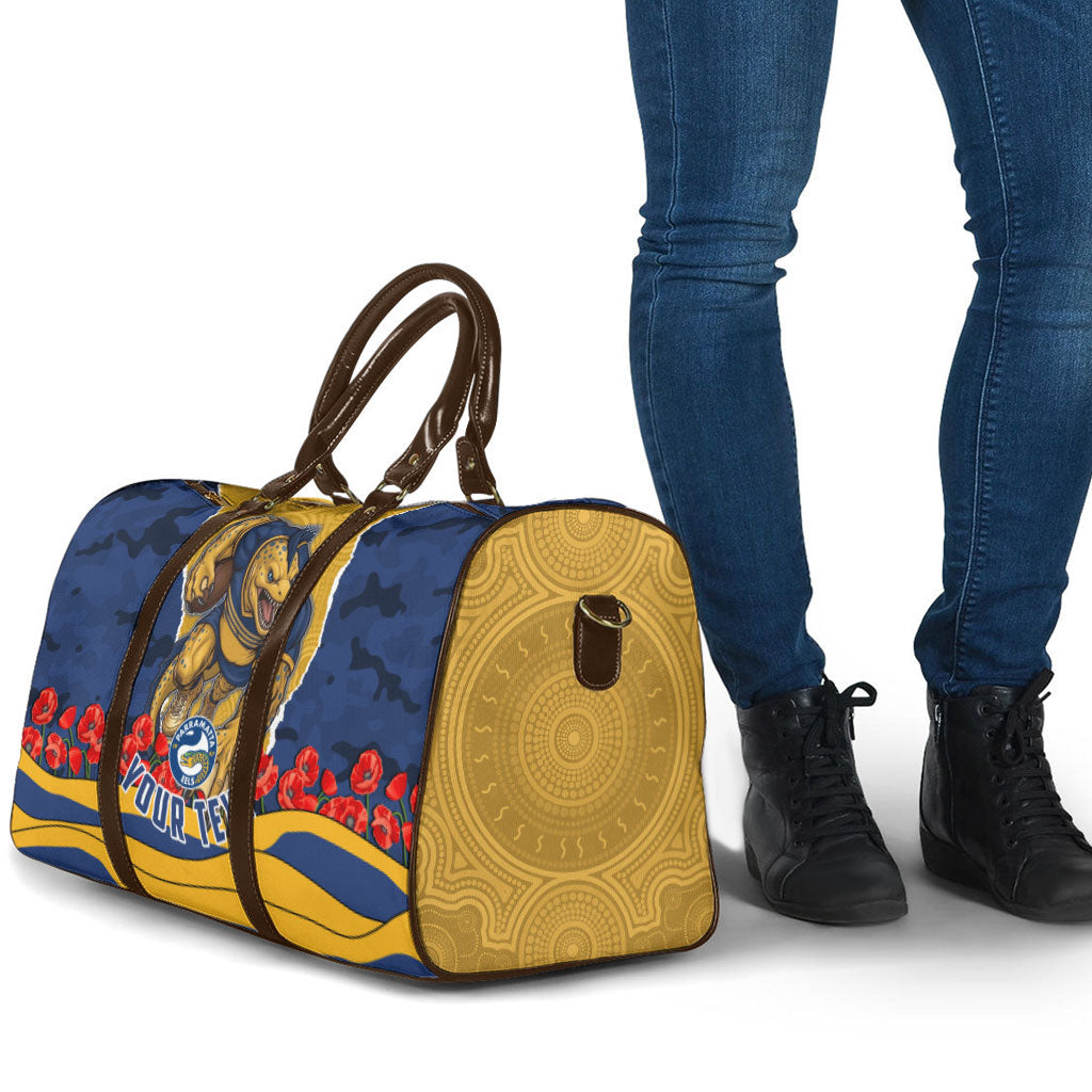 Personalized Parramatta Eels ANZAC Tribute Travel Bag Poppy Field Soldier Silhouette Aboriginal Rugby Mascot
