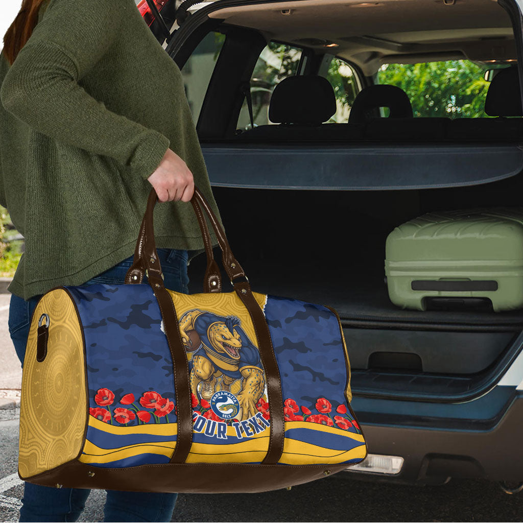 Personalized Parramatta Eels ANZAC Tribute Travel Bag Poppy Field Soldier Silhouette Aboriginal Rugby Mascot