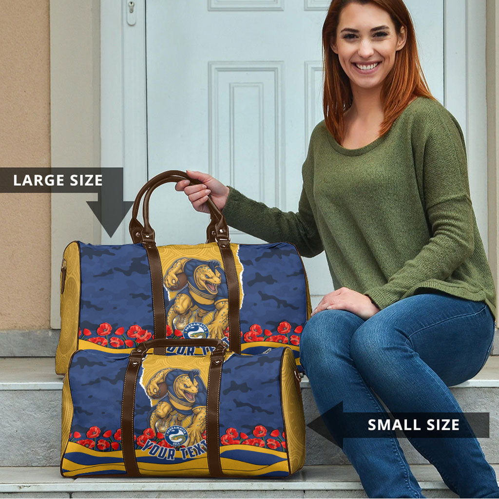 Personalized Parramatta Eels ANZAC Tribute Travel Bag Poppy Field Soldier Silhouette Aboriginal Rugby Mascot
