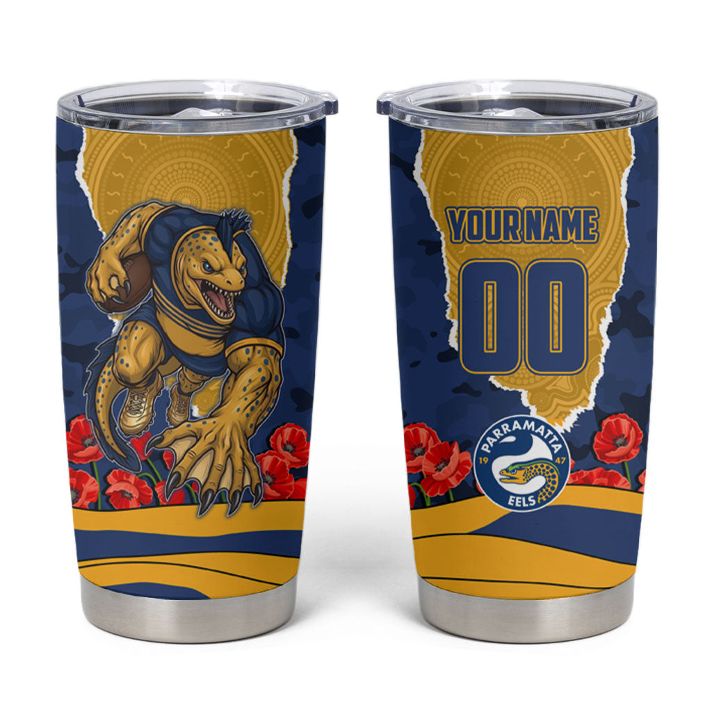 Personalized Parramatta Eels ANZAC Tribute Tumbler Cup Poppy Field Soldier Silhouette Aboriginal Rugby Mascot