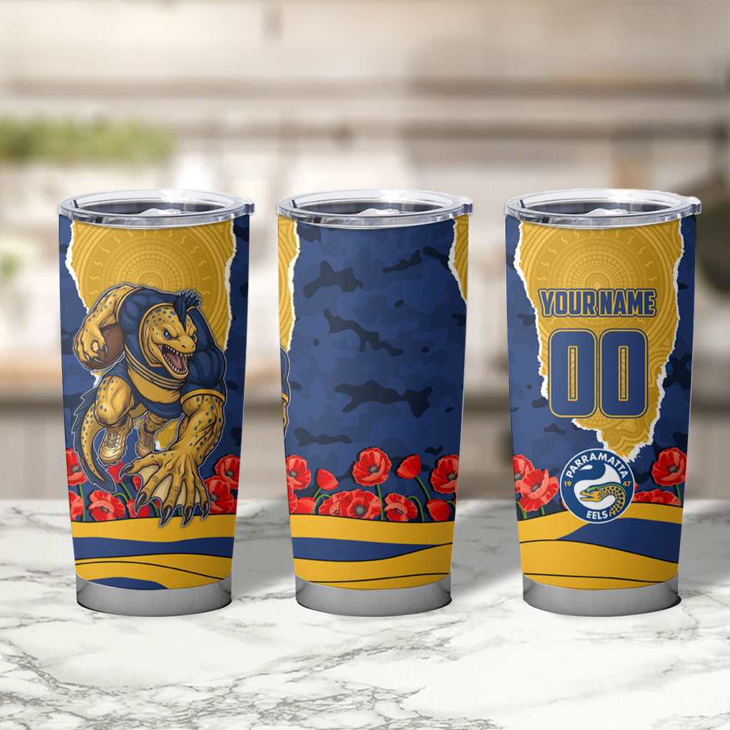 Personalized Parramatta Eels ANZAC Tribute Tumbler Cup Poppy Field Soldier Silhouette Aboriginal Rugby Mascot