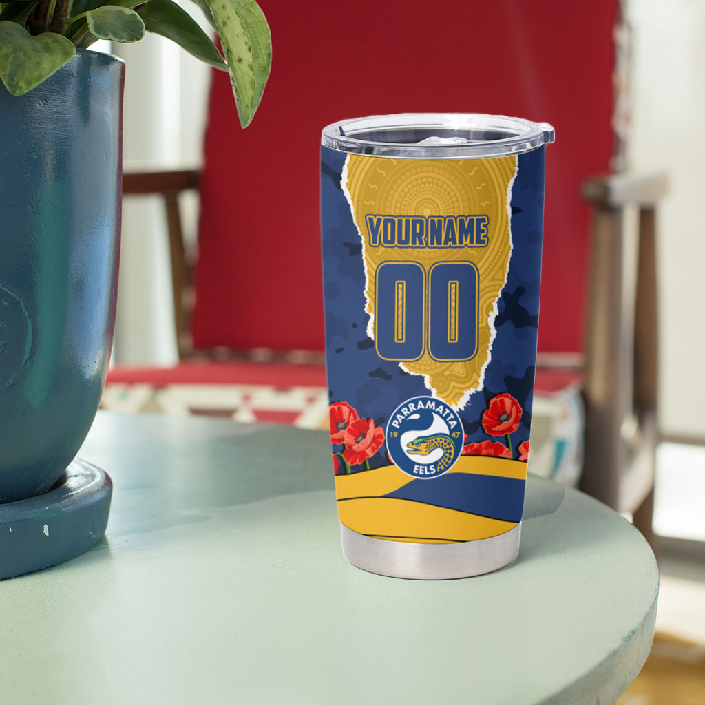 Personalized Parramatta Eels ANZAC Tribute Tumbler Cup Poppy Field Soldier Silhouette Aboriginal Rugby Mascot
