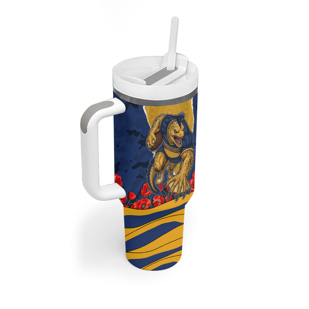 Personalized Parramatta Eels ANZAC Tribute Tumbler With Handle Poppy Field Soldier Silhouette Aboriginal Rugby Mascot