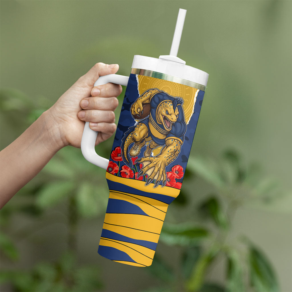 Personalized Parramatta Eels ANZAC Tribute Tumbler With Handle Poppy Field Soldier Silhouette Aboriginal Rugby Mascot