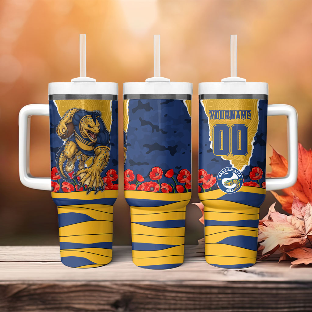 Personalized Parramatta Eels ANZAC Tribute Tumbler With Handle Poppy Field Soldier Silhouette Aboriginal Rugby Mascot