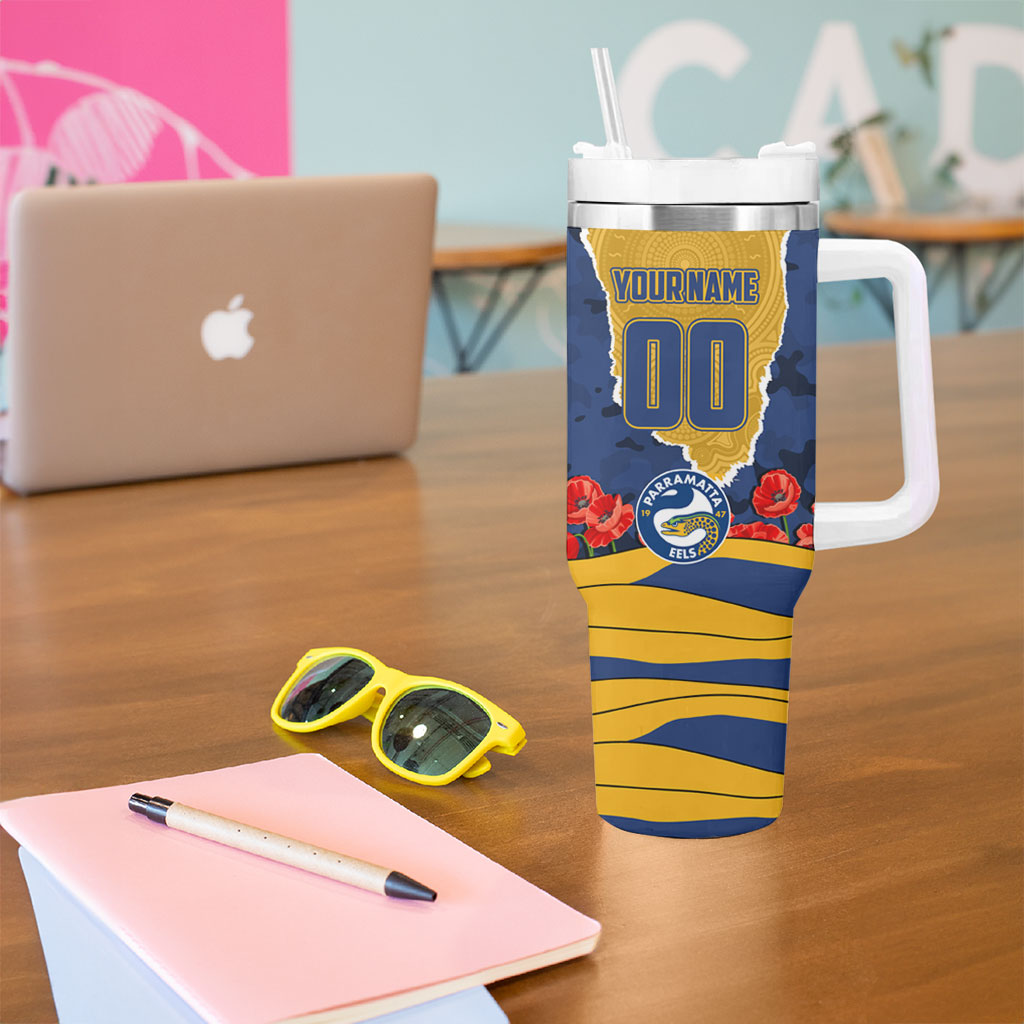 Personalized Parramatta Eels ANZAC Tribute Tumbler With Handle Poppy Field Soldier Silhouette Aboriginal Rugby Mascot