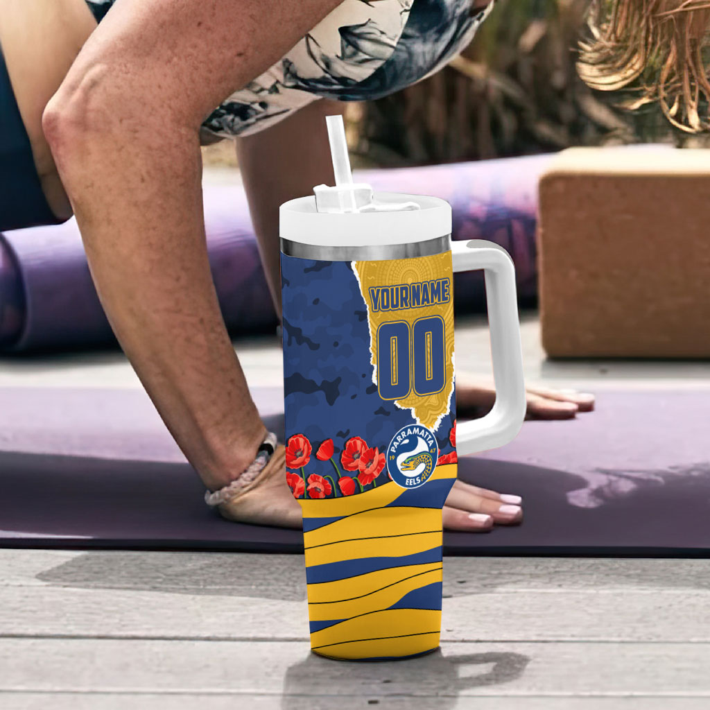 Personalized Parramatta Eels ANZAC Tribute Tumbler With Handle Poppy Field Soldier Silhouette Aboriginal Rugby Mascot