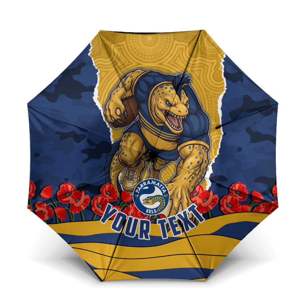 Personalized Parramatta Eels ANZAC Tribute Umbrella Poppy Field Soldier Silhouette Aboriginal Rugby Mascot