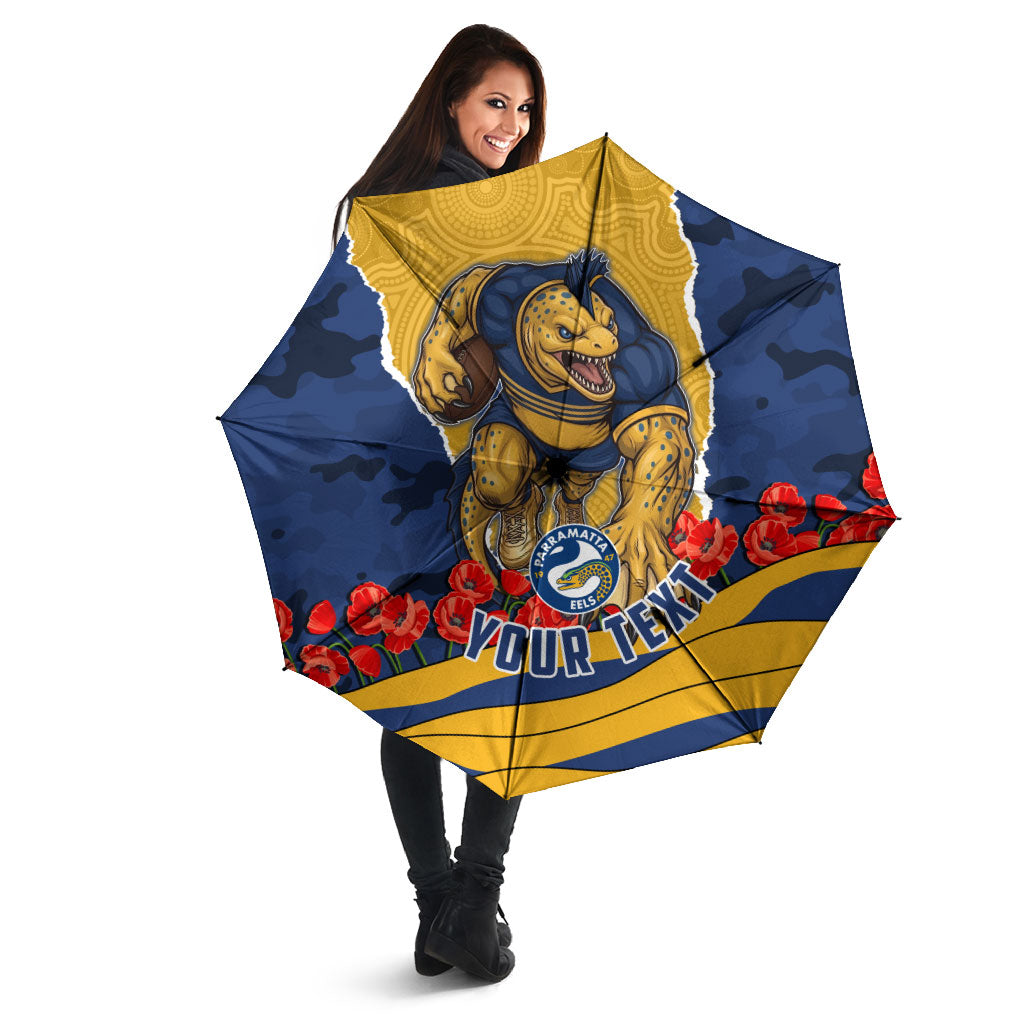 Personalized Parramatta Eels ANZAC Tribute Umbrella Poppy Field Soldier Silhouette Aboriginal Rugby Mascot