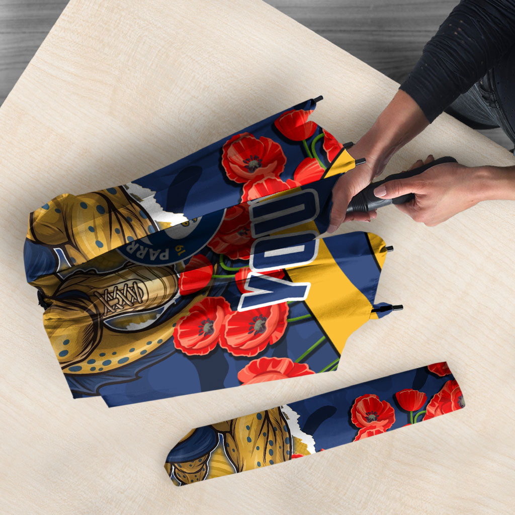 Personalized Parramatta Eels ANZAC Tribute Umbrella Poppy Field Soldier Silhouette Aboriginal Rugby Mascot