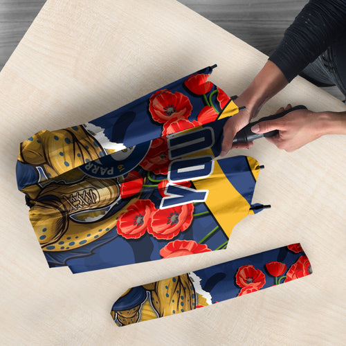 Personalized Parramatta Eels ANZAC Tribute Umbrella Poppy Field Soldier Silhouette Aboriginal Rugby Mascot