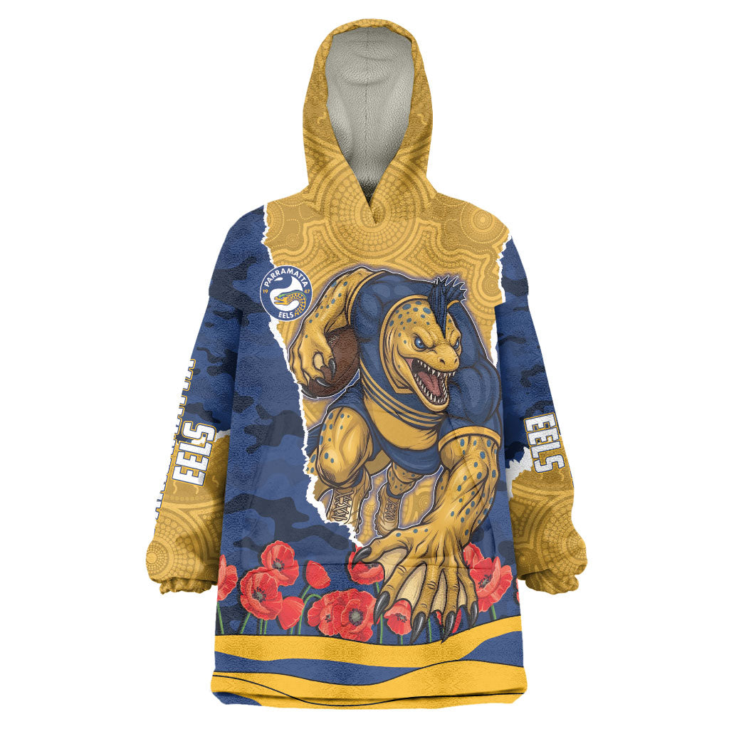 Personalized Parramatta Eels ANZAC Tribute Wearable Blanket Hoodie Poppy Field Soldier Silhouette Aboriginal Rugby Mascot