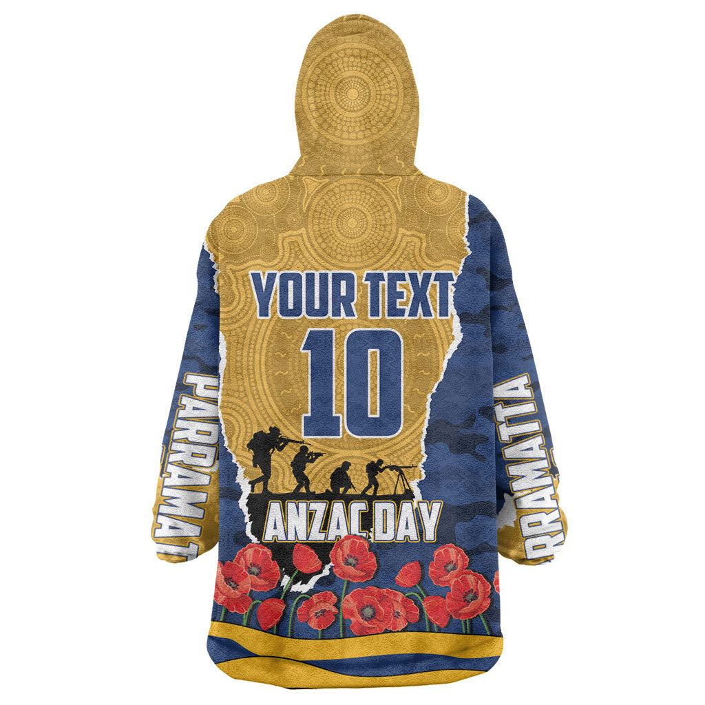 Personalized Parramatta Eels ANZAC Tribute Wearable Blanket Hoodie Poppy Field Soldier Silhouette Aboriginal Rugby Mascot