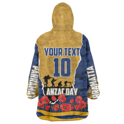 Personalized Parramatta Eels ANZAC Tribute Wearable Blanket Hoodie Poppy Field Soldier Silhouette Aboriginal Rugby Mascot