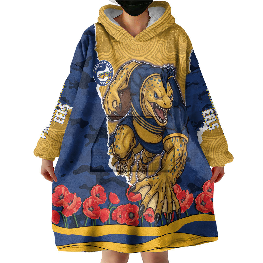 Personalized Parramatta Eels ANZAC Tribute Wearable Blanket Hoodie Poppy Field Soldier Silhouette Aboriginal Rugby Mascot