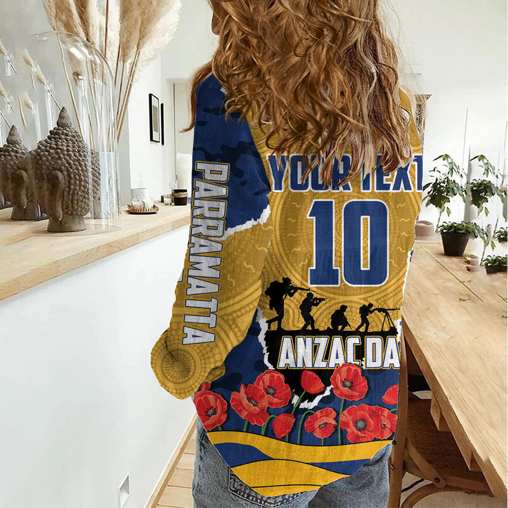 Personalized Parramatta Eels ANZAC Tribute Women Casual Shirt Poppy Field Soldier Silhouette Aboriginal Rugby Mascot