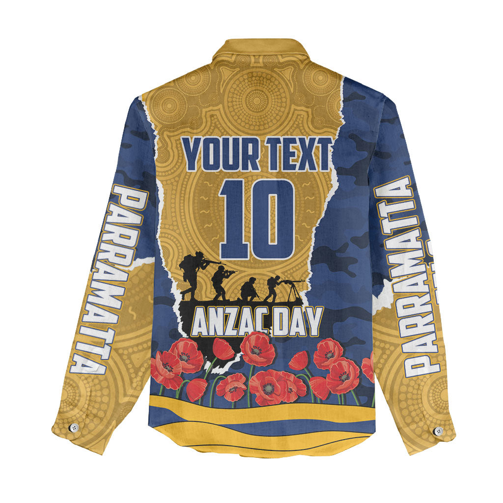 Personalized Parramatta Eels ANZAC Tribute Women Casual Shirt Poppy Field Soldier Silhouette Aboriginal Rugby Mascot