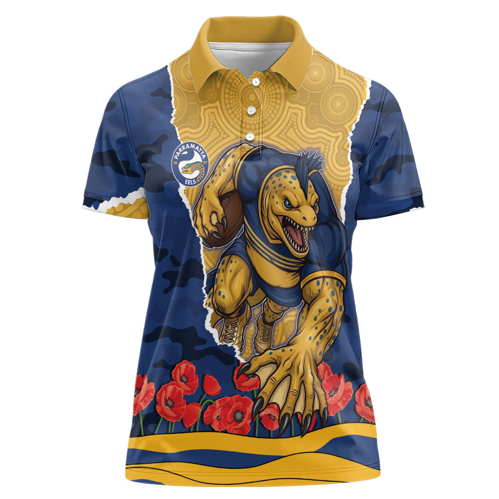 Personalized Parramatta Eels ANZAC Tribute Women Polo Shirt Poppy Field Soldier Silhouette Aboriginal Rugby Mascot