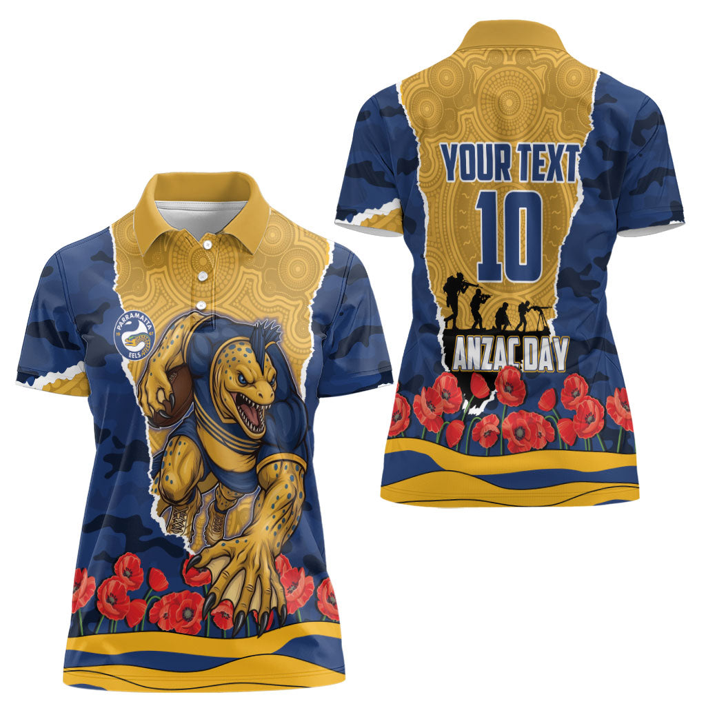 Personalized Parramatta Eels ANZAC Tribute Women Polo Shirt Poppy Field Soldier Silhouette Aboriginal Rugby Mascot