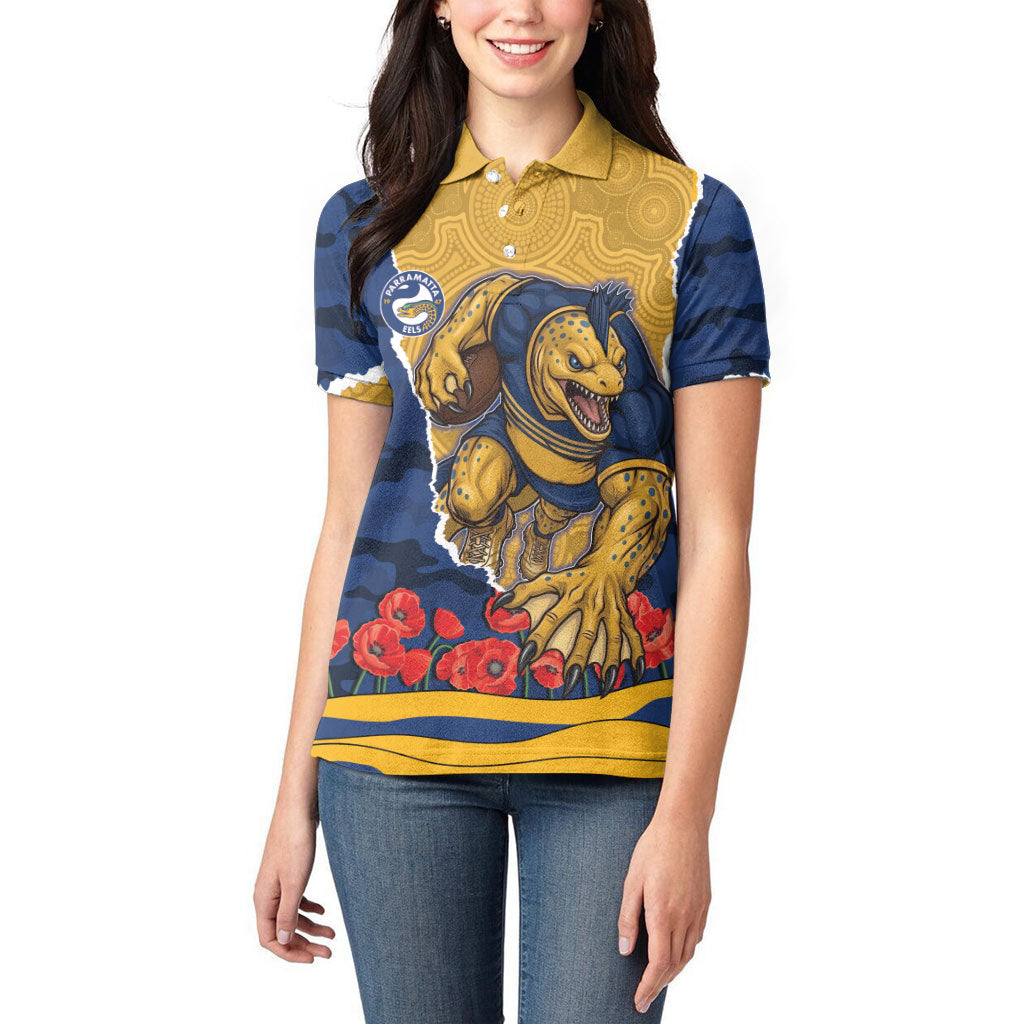 Personalized Parramatta Eels ANZAC Tribute Women Polo Shirt Poppy Field Soldier Silhouette Aboriginal Rugby Mascot