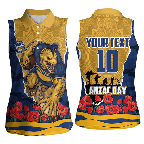 Personalized Parramatta Eels ANZAC Tribute Women Sleeveless Polo Shirt Poppy Field Soldier Silhouette Aboriginal Rugby Mascot