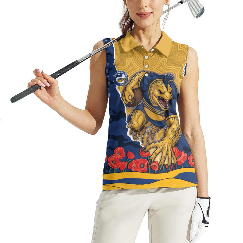 Personalized Parramatta Eels ANZAC Tribute Women Sleeveless Polo Shirt Poppy Field Soldier Silhouette Aboriginal Rugby Mascot