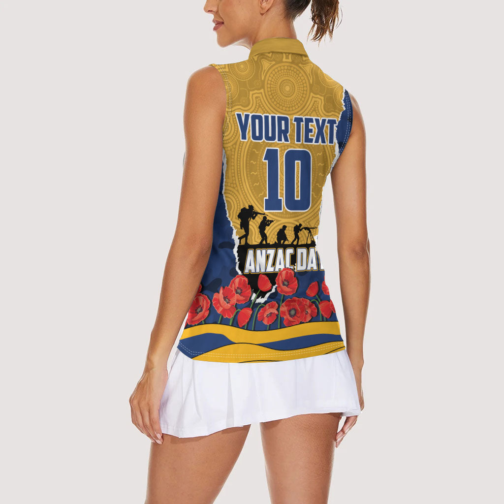Personalized Parramatta Eels ANZAC Tribute Women Sleeveless Polo Shirt Poppy Field Soldier Silhouette Aboriginal Rugby Mascot