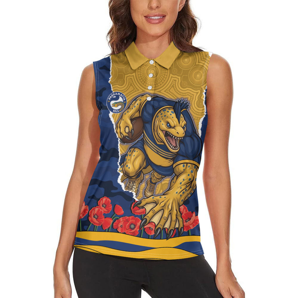 Personalized Parramatta Eels ANZAC Tribute Women Sleeveless Polo Shirt Poppy Field Soldier Silhouette Aboriginal Rugby Mascot