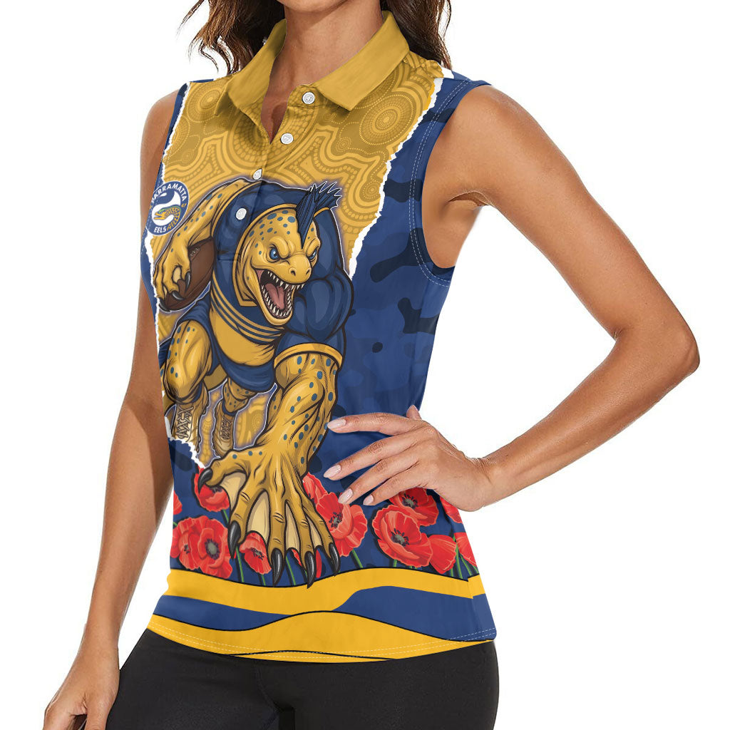 Personalized Parramatta Eels ANZAC Tribute Women Sleeveless Polo Shirt Poppy Field Soldier Silhouette Aboriginal Rugby Mascot