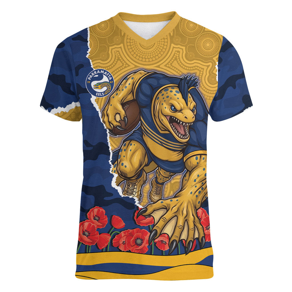 Personalized Parramatta Eels ANZAC Tribute Women V-Neck T-Shirt Poppy Field Soldier Silhouette Aboriginal Rugby Mascot