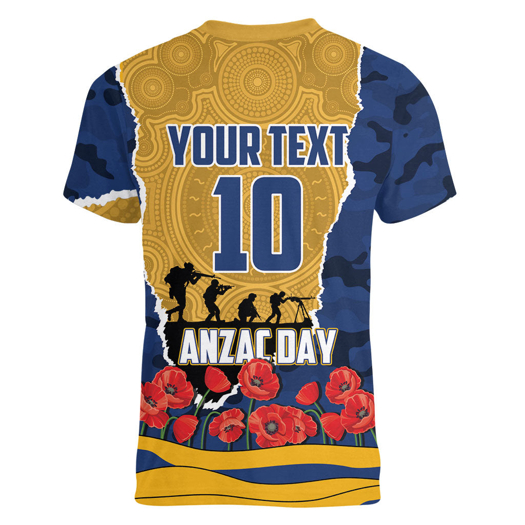 Personalized Parramatta Eels ANZAC Tribute Women V-Neck T-Shirt Poppy Field Soldier Silhouette Aboriginal Rugby Mascot