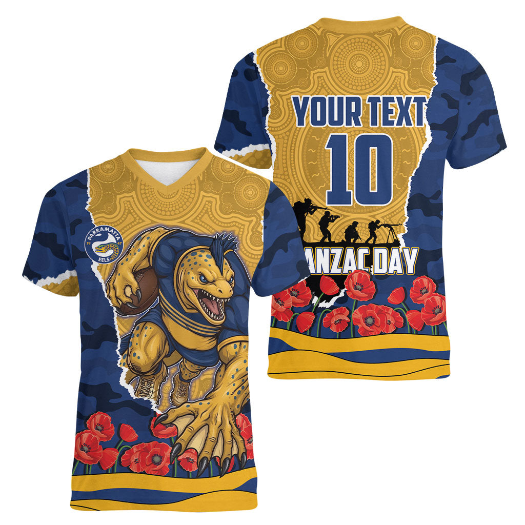 Personalized Parramatta Eels ANZAC Tribute Women V-Neck T-Shirt Poppy Field Soldier Silhouette Aboriginal Rugby Mascot