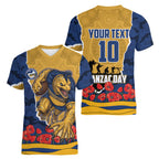 Personalized Parramatta Eels ANZAC Tribute Women V-Neck T-Shirt Poppy Field Soldier Silhouette Aboriginal Rugby Mascot