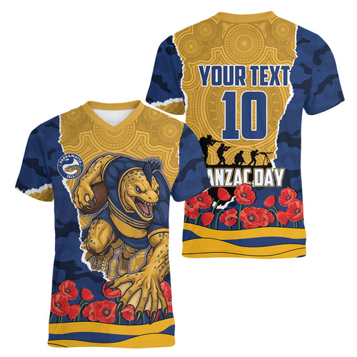 Personalized Parramatta Eels ANZAC Tribute Women V-Neck T-Shirt Poppy Field Soldier Silhouette Aboriginal Rugby Mascot
