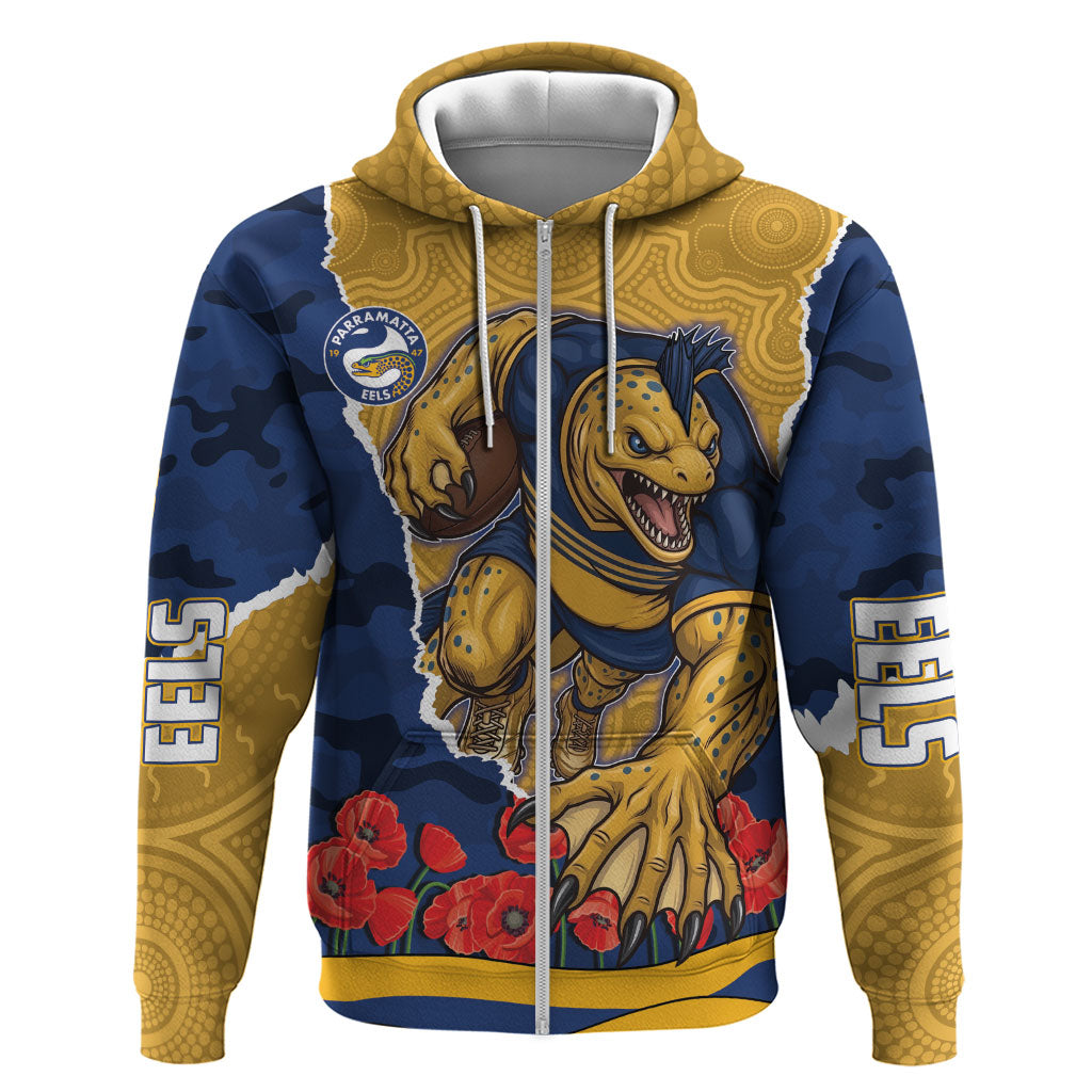 Personalized Parramatta Eels ANZAC Tribute Zip Hoodie Poppy Field Soldier Silhouette Aboriginal Rugby Mascot